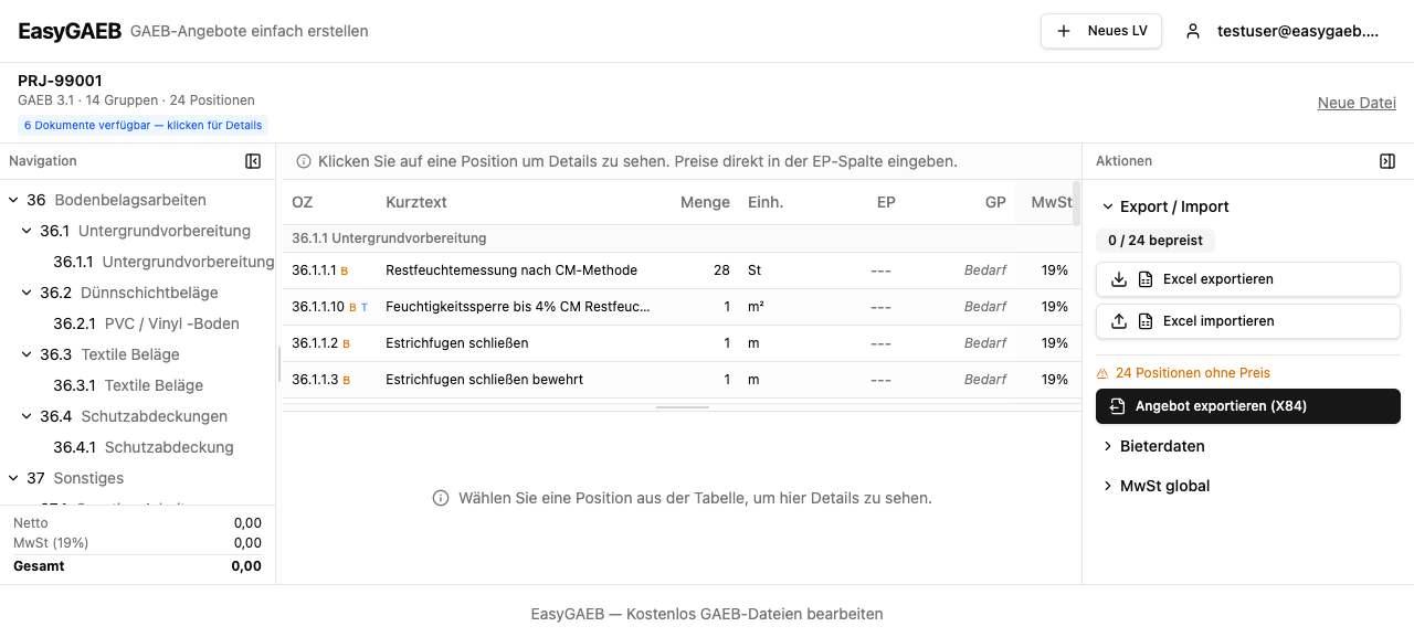 EasyGAEB-Oberfläche: Leistungsverzeichnis einer GAEB-Datei mit Positionen, Ordnungszahlen, Mengen, Einheiten und Einheitspreisen